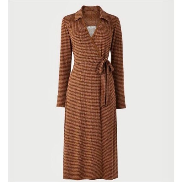 L.K. BENNETT Enya Brown Print Jersey Long Sleeve Collared Wrap Dress Size 12 - Picture 1 of 8